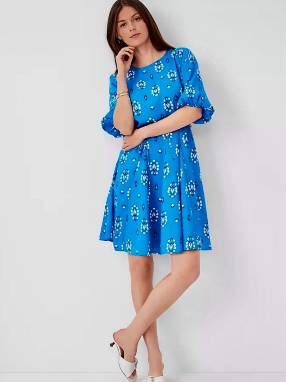 NWT Ann Taylor ‘Floral Boatneck Flare Dress’ in “Santorini” Blue Size Small